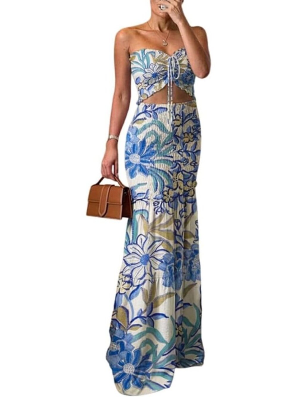 Women's Printed Blue Floral Printed Halter Tie Ruched Shirred Ruffle Hem Dress